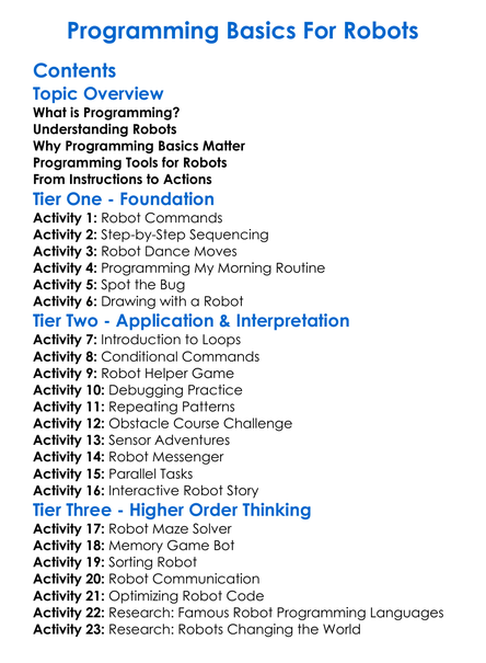 Programming Basics For Robots Worksheet Activity Booklet