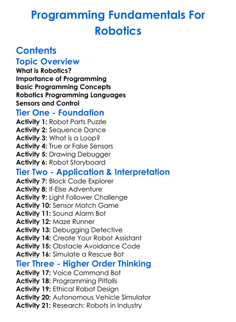Programming Fundamentals For Robotics Worksheet Activity Booklet