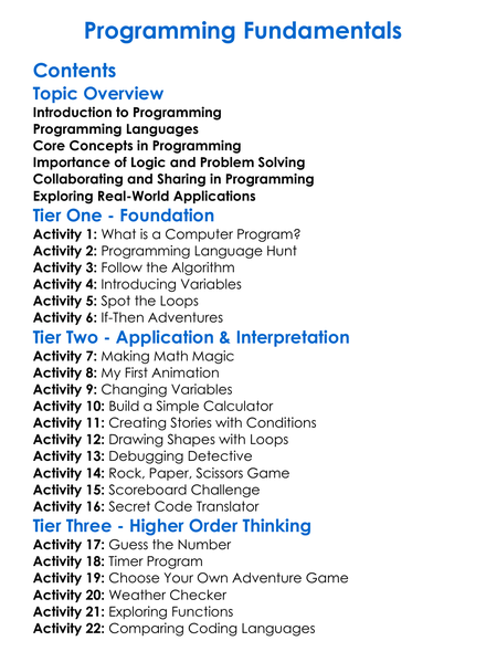 Programming Fundamentals Worksheet Activity Booklet