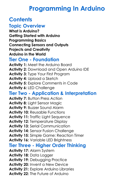 Programming In Arduino Worksheet Activity Booklet
