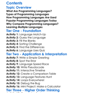 Programming Languages Comparison Worksheet Activity Booklet