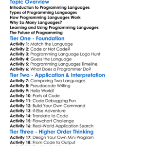 Programming Languages Overview Worksheet Activity Booklet