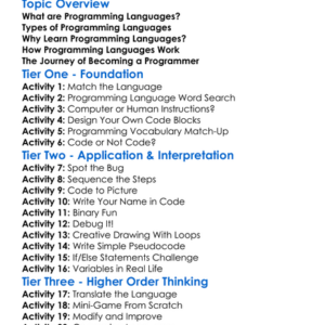 Programming Languages Worksheet Activity Booklet