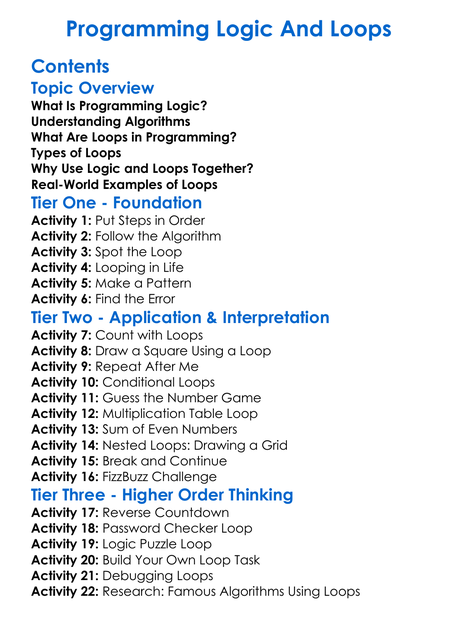 Programming Logic And Loops Worksheet Activity Booklet