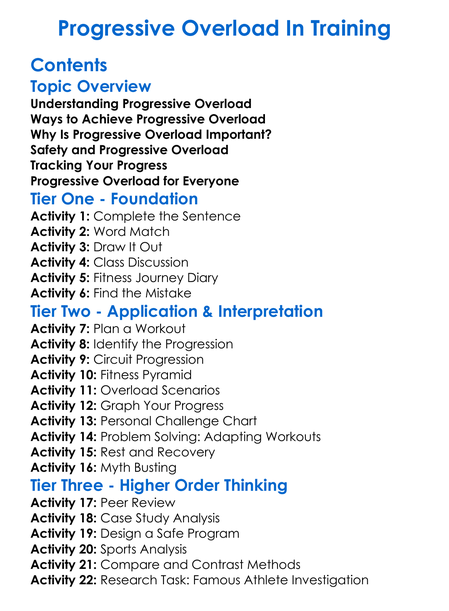 Progressive Overload In Training Worksheet Activity Booklet