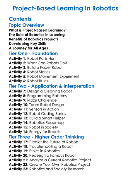 Project-Based Learning In Robotics Worksheet Activity Booklet