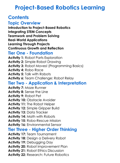 Project-Based Robotics Learning Worksheet Activity Booklet
