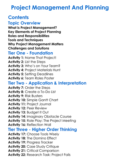 Project Management And Planning Worksheet Activity Booklet