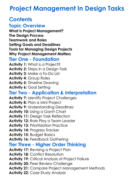 Project Management In Design Tasks Worksheet Activity Booklet