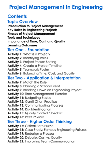 Project Management In Engineering Worksheet Activity Booklet