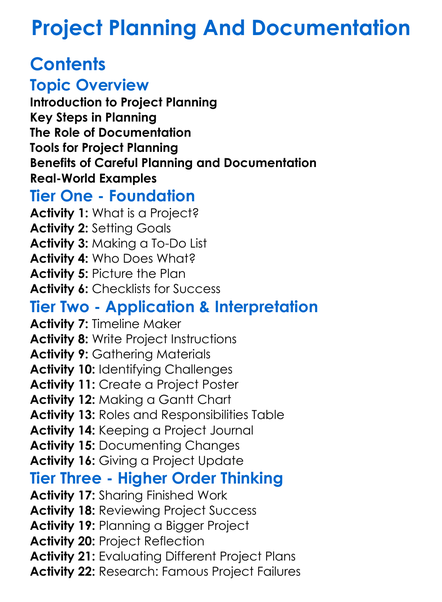 Project Planning And Documentation Worksheet Activity Booklet