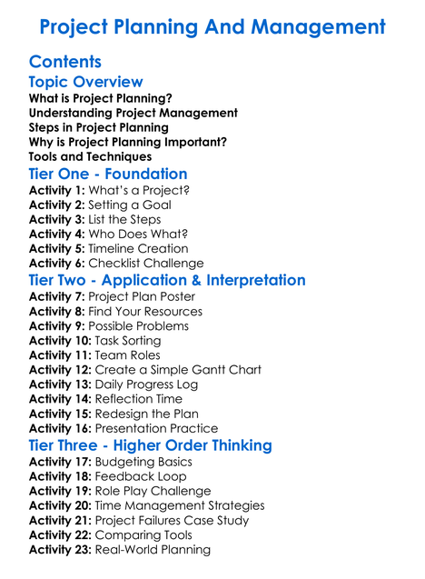 Project Planning And Management Worksheet Activity Booklet