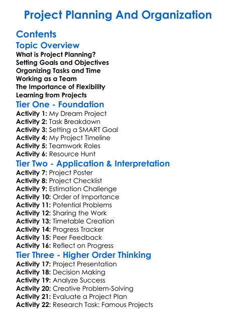 Project Planning And Organization Worksheet Activity Booklet