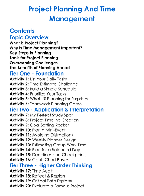 Project Planning And Time Management Worksheet Activity Booklet