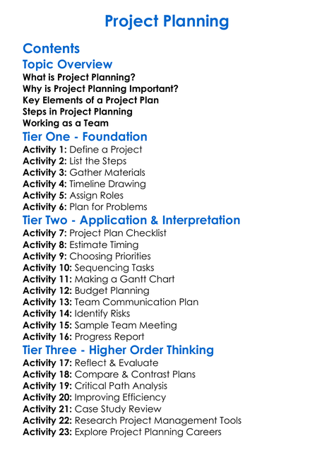 Project Planning Worksheet Activity Booklet