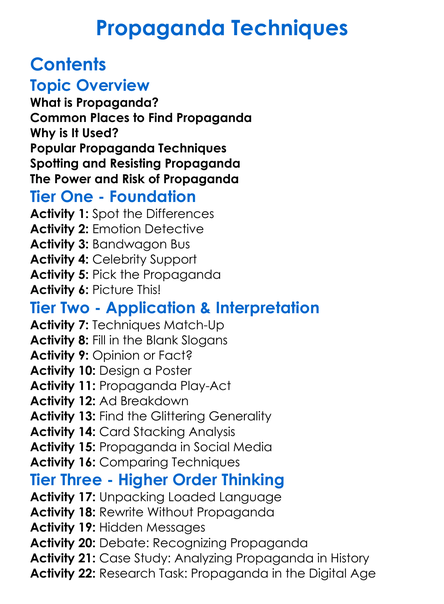 Propaganda Techniques Worksheet Activity Booklet