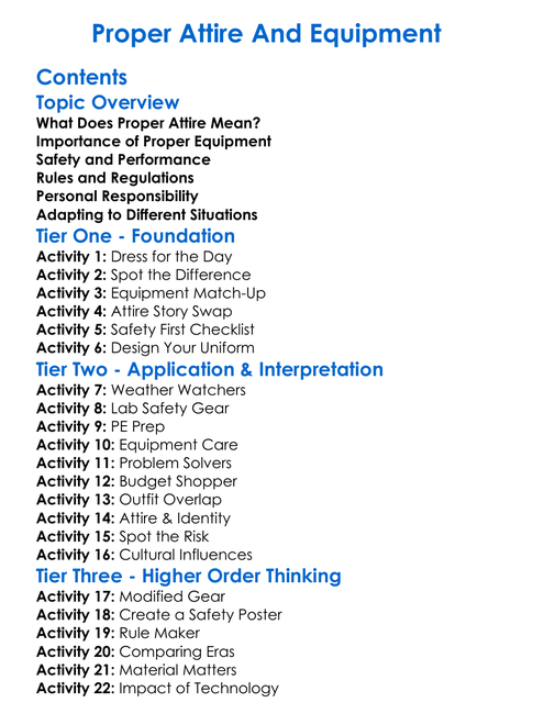 Proper Attire And Equipment Worksheet Activity Booklet