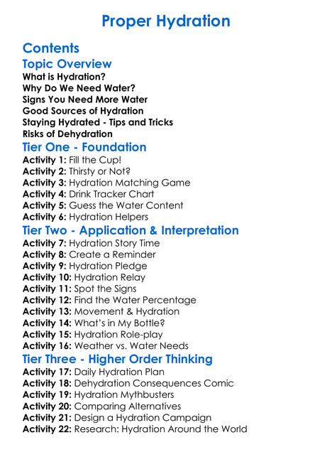 Proper Hydration Worksheet Activity Booklet