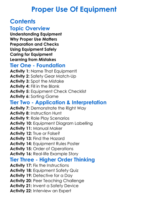 Proper Use Of Equipment Worksheet Activity Booklet
