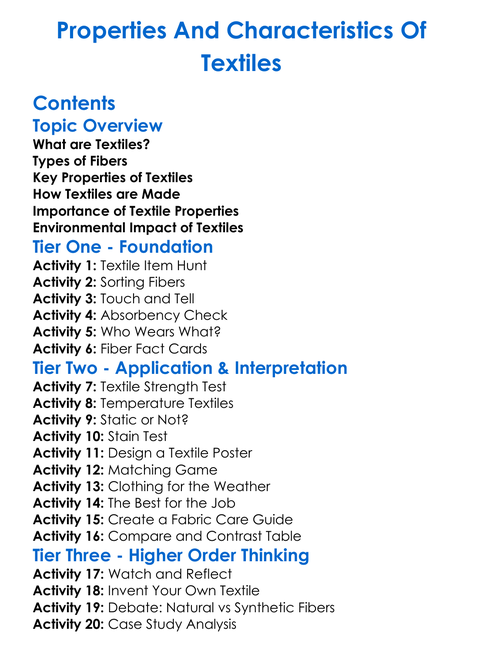 Properties And Characteristics Of Textiles Worksheet Activity Booklet