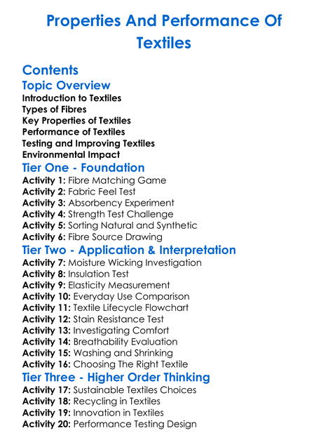 Properties And Performance Of Textiles Worksheet Activity Booklet