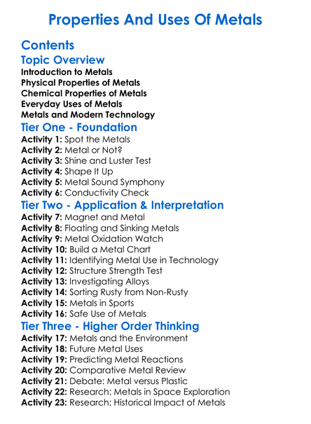 Properties And Uses Of Metals Worksheet Activity Booklet