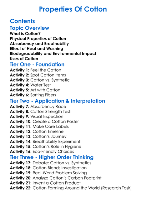 Properties Of Cotton Worksheet Activity Booklet