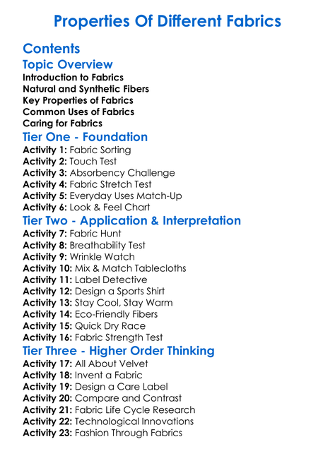 Properties Of Different Fabrics Worksheet Activity Booklet