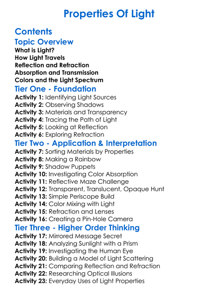 Properties Of Light Worksheet Activity Booklet