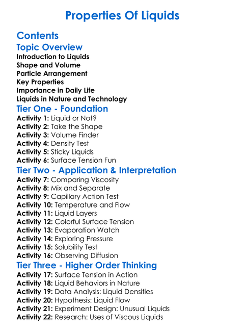 Properties Of Liquids Worksheet Activity Booklet