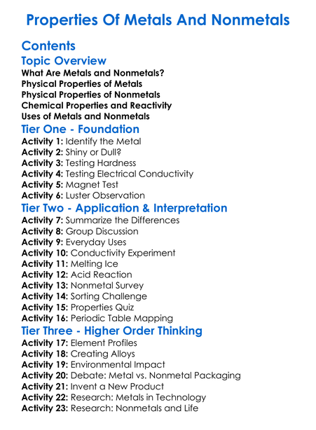 Properties Of Metals And Nonmetals Worksheet Activity Booklet