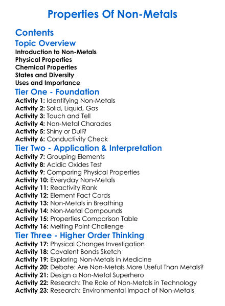 Properties Of Non-Metals Worksheet Activity Booklet