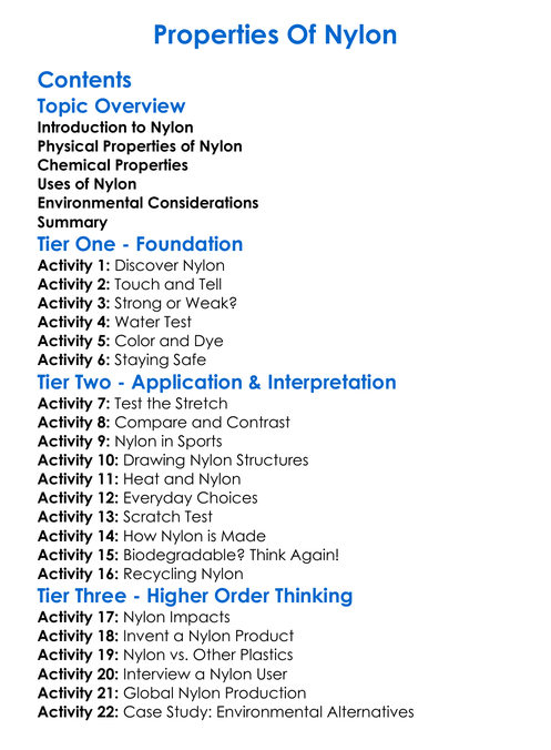 Properties Of Nylon Worksheet Activity Booklet