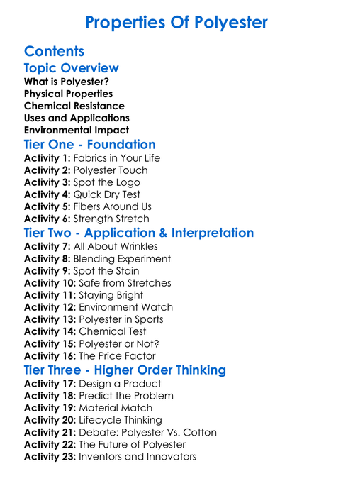 Properties Of Polyester Worksheet Activity Booklet