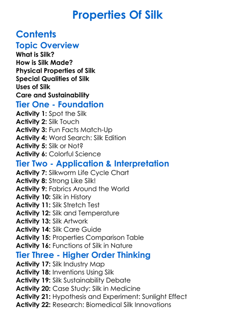 Properties Of Silk Worksheet Activity Booklet