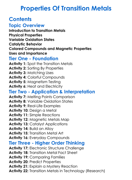 Properties Of Transition Metals Worksheet Activity Booklet