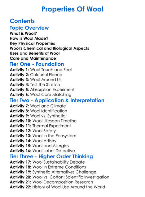 Properties Of Wool Worksheet Activity Booklet