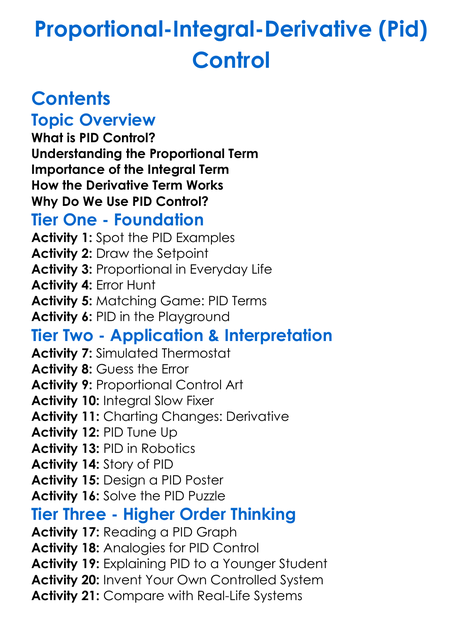 Proportional-Integral-Derivative Pid Control Worksheet Activity Booklet
