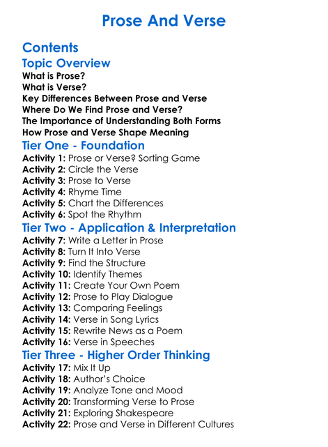 Prose And Verse Worksheet Activity Booklet