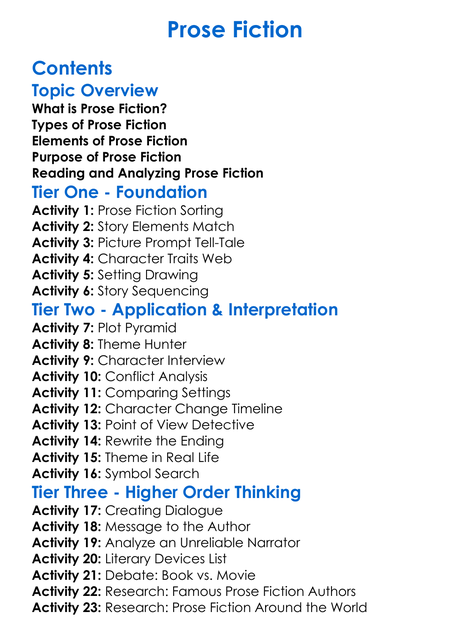 Prose Fiction Worksheet Activity Booklet