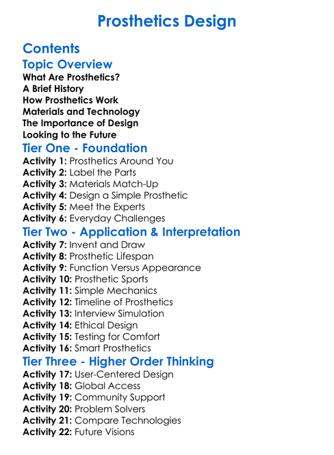 Prosthetics Design Worksheet Activity Booklet