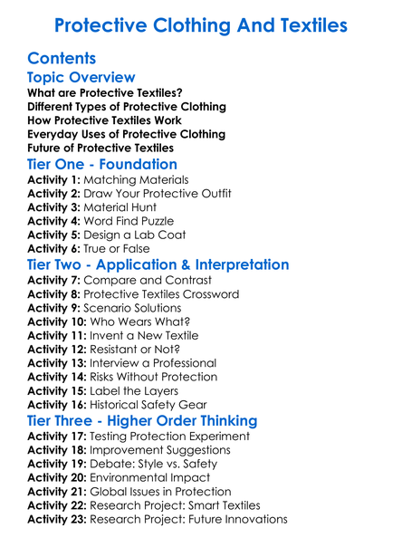Protective Clothing And Textiles Worksheet Activity Booklet