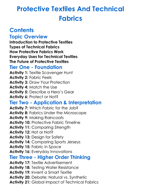 Protective Textiles And Technical Fabrics Worksheet Activity Booklet