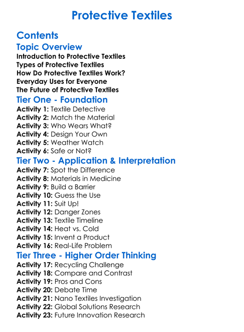Protective Textiles Worksheet Activity Booklet