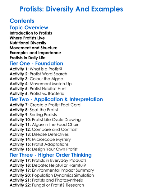 Protists Diversity And Examples Worksheet Activity Booklet
