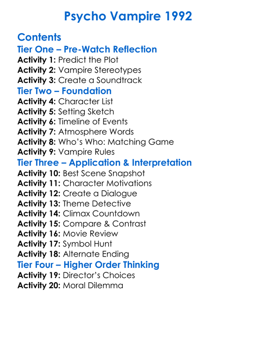 Psycho Vampire 1992 Worksheet Activity Booklet