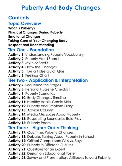 Puberty And Body Changes Worksheet Activity Booklet