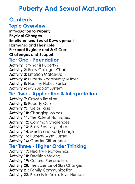Puberty And Sexual Maturation Worksheet Activity Booklet