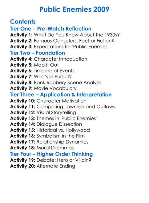 Public Enemies 2009 Worksheet Activity Booklet