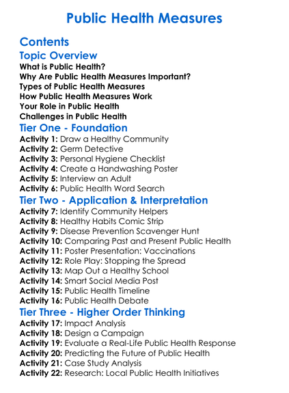 Public Health Measures Worksheet Activity Booklet